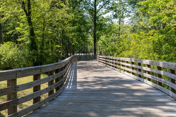 Elevated boardwalk in public recreation area, walking or biking path, journey, horizontal aspect