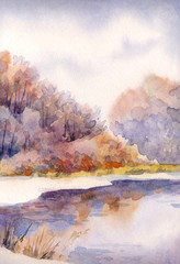 Watercolor landscape. Winter forest by the lake