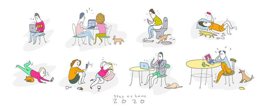 A set of vector illustrations. Quarantine 2020, people stay at home and communicate on the Internet.