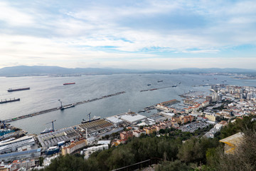 The view from Gibraltar Rock to Gibraltar Bay and Spanish city Algericas. January 2020