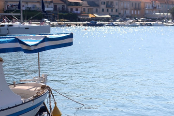 Small boat in the port of Vela Luka, on island Korcula, Croatia. Selective focus.