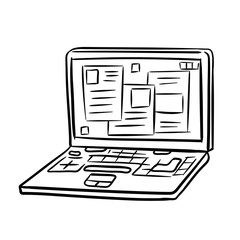 Laptop. Modern computer. Open window with the program and application. Element of work and Hobbies. Cartoon drawn illustration isolated on white