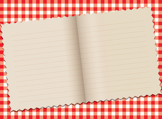 Recipe book on red white table cloth, vector illustration
