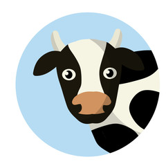 Cow. Head of horned animal. Icon of Cattle and farm. Funny black and white bull. Village element. Countryside logo. Cartoon flat illustration