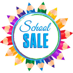 Vector back to school sale banner, poster background. Hand drawn sketch, colorful pencils. Layout for discount labels, flyers and shopping.