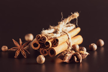 Traditional Christmas spices set for mulled wine on dark background macro view.