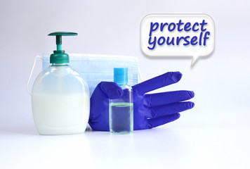 Protective face mask, soap, antiseptic, gloves against virus on white background