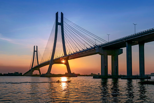 Vam Cong Bridge, during sunset. This is a modern and beautiful bridge in Can Tho city, Vietnam.