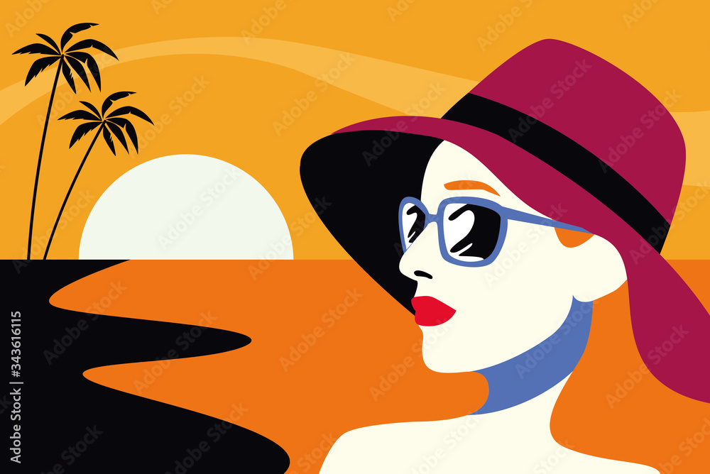 Wall mural beautiful woman fashionable with sunglasses and hat on the beach