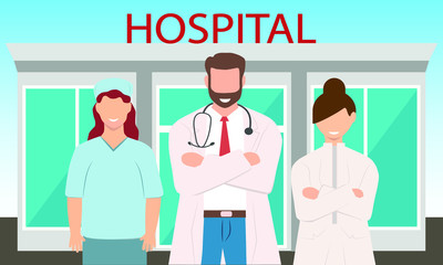 Medical staff standing near hospital. tent. Healthcare, doctors working in hospitals and fighting coronavirus outbreak, vector illustration