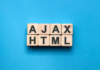 AJAX HTML - text on wooden cubes on a blue background