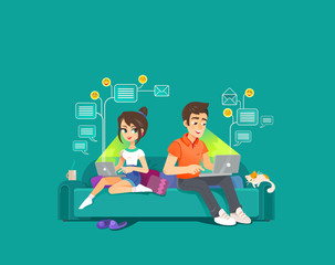 Couple Man and Woman Sitting on Sofa Use Laptop and Internet Network to Staying Home Work remotely Flat Vector Illustration. People and Computer Web Technology. Self-isolation or Freelance Distant Job