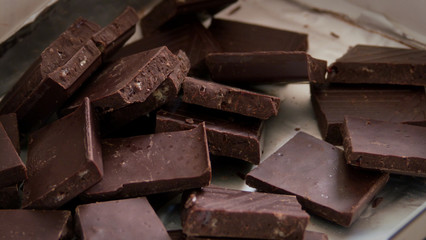 Closeup of Broken Up Chocolate Bar, Chocolate Pieces, Chocolate Chunks