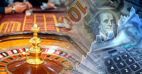 Casino, dollars and calculator. Roulette and money. Gambling. Income and losses from gambling. Players place bets in the hope of winning. Cash game.