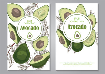 card with avocado hand drawn in green and light green colors