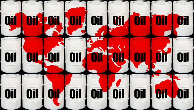 Barrels of oil and a map of the world. White barrels with the inscription Oil on the background of a schematic map of the world. Global oil production. Fuel price. Energy resources.