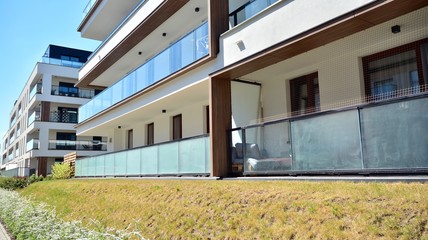 Modern apartment building  on a sunny day with a blue sky. Facade of a modern apartment.
