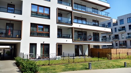 Modern apartment building  on a sunny day with a blue sky. Facade of a modern apartment.