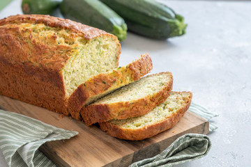Fresh zucchini sweet bread loaf on a table