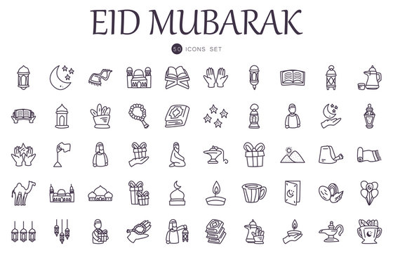 Eid mubarak line style icon set