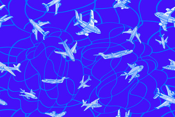 Abstract illustration featuring fantasy airplanes, clouds, sun, stars and destinations. Abstract travel or holidays blue background. Hand drawn.