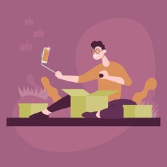 Guy unpacks packages and shoots video on phone. Cartoon icon.
