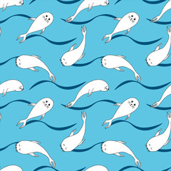 Beautiful vector seamless background with the image of white seals floating in the sea. Light blue background. Design for printing postcards, invitations, posters, fabric, bedding, children's clothing