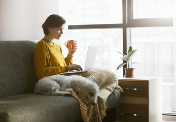 Woman working with laptop at home quarantine. Coffee or tea, dog and warm plaid for comfortable workplace. Stay at home campaign....
