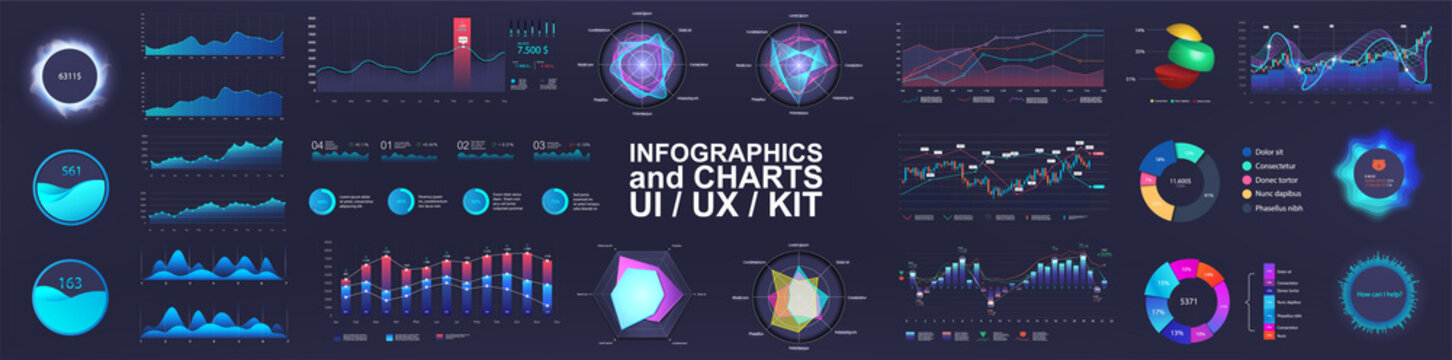 UI interface and Intelligent infographic. Dashboard template elements, charts, diagrams, bars teps, options, parts processes. UI, UX, collection. Mockups digital graphics and infographics set. Vector