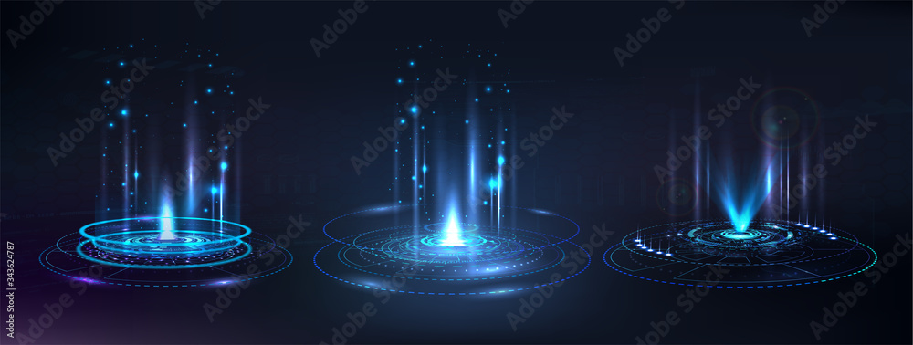 Aufkleber Portal and hologram futuristic circle elements. Sky-fi digital hi-tech collection in HUD style. Magic circle teleport podium.  GUI, UI virtual reality projector. Abstract hologram technology. Vector