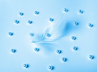 Beautiful white feather and small beads on a light background. Monochrome blue color. Selected sharpness.