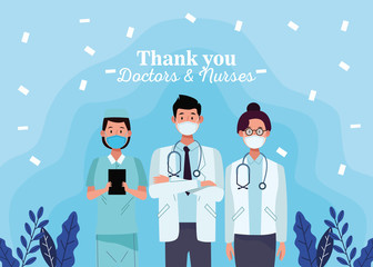 group of doctors staff characters with thak you message