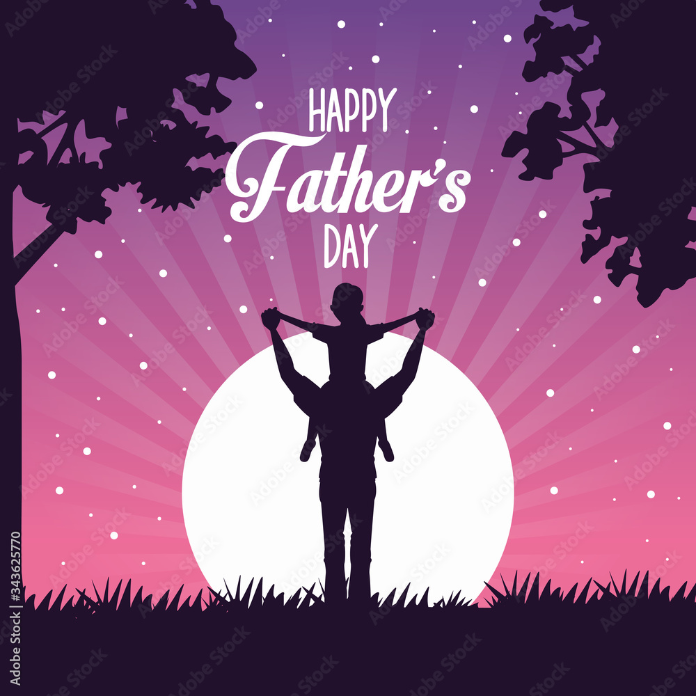 Wall mural fathers day card with dad carrying son characters