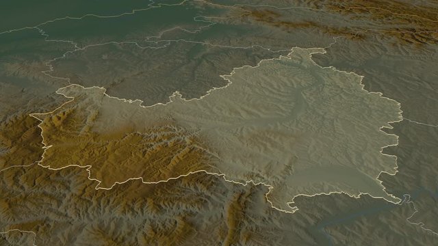 Cluj, county with its capital, zoomed and extruded on the relief map of Romania in the conformal Stereographic projection. Animation 3D