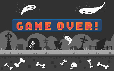 Pixel arcade banner with button game over for game design.