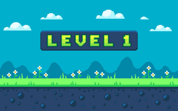 Pixel art design with outdoor landscape background.