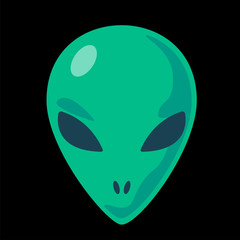 Green alien face icon. Extraterrestrial humanoid front head logo vector illustration. Ufo symbol sticker. Paranormal T-shirt print design. Flat character isolated on white background.Fun clip art