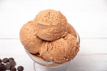 Chocolate ice cream ball in a glass