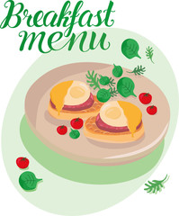Eggs Benedict - illustration for breakfast, brunch menu in a hotel, cafe, restaurant, diner. Poster for a wall decoration, print for kitchen tool, print industry. Web site and land page design. EPS10