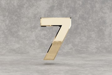 Gold 3d number 7. Glossy golden number on concrete background. 3d rendered digit.
