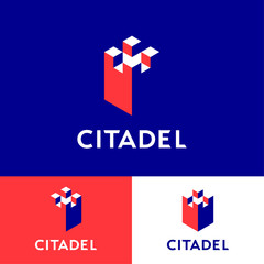 Citadel logo. Insurance agency emblem. Citadel walls, castle like safety shield. Reliable protection. Antivirus emblem. 3D illusion.
