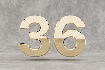 Gold 3d number 36. Glossy golden number on concrete background. 3d rendered digit.