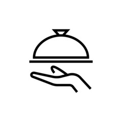 Fototapeta premium Covered food tray on a hand of hotel room service icon template, Tray on the hand symbol vector sign in outline style isolated on white background
