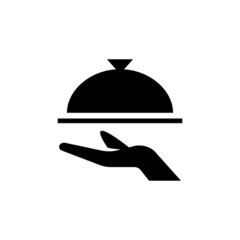 Obraz premium Covered food tray on a hand of hotel room service icon template, Tray on the hand symbol vector sign in black flat shape design isolated on white background