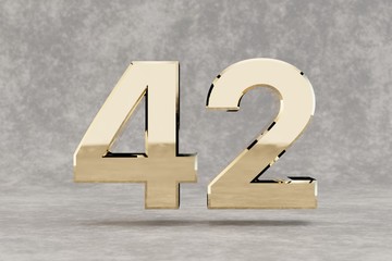 Fototapeta na wymiar Gold 3d number 42. Glossy golden number on concrete background. 3d rendered digit.