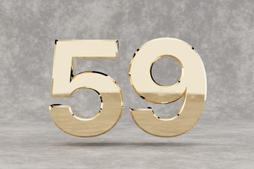 Gold 3d number 59. Glossy golden number on concrete background. 3d rendered digit.