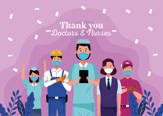 group of workers using face masks with thank you doctors and nurses message