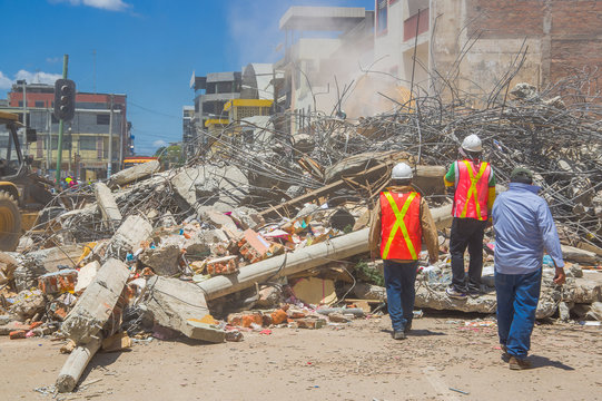Portoviejo, Ecuador - April, 18, 2016: Rescue team making recovery efforts after 7.8 earthquake