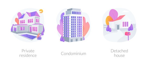 Single family home abstract concept vector illustration set. Private residence, condominium, detached house, land ownership, real estate market, stand-alone household, appartment abstract metaphor.