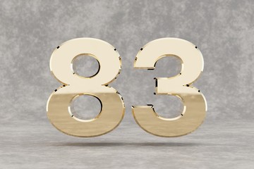 Gold 3d number 83. Glossy golden number on concrete background. 3d rendered digit.